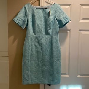 Ice blue damask shift dress and necklace
